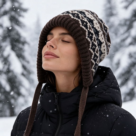 FAIOROI Womens Winter Knit Earflap Beanie Hat Fair Isle Pattern Warm Acrylic Ski Cap with Chin Ties Free Size