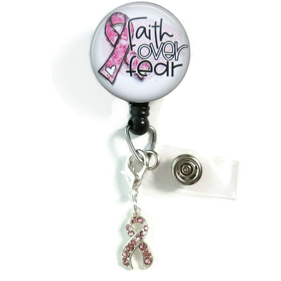 Faith Over Fear Badge Reel  Breast Cancer Support ID Holder with Pink Ribbon for Nurses, Oncology Staff | Scrapheart