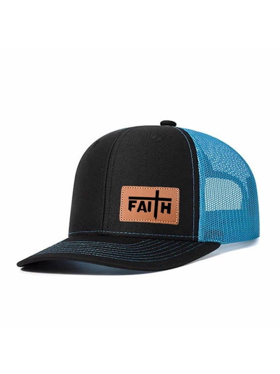 FAITH Leather Patch Letter Embroidered Color Block Trucker Hat Unisex Adjustable Cotton Breathable Fashion Cap for Travel Daily Wear