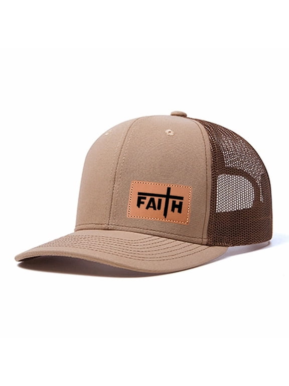 FAITH Leather Patch Letter Embroidered Color Block Trucker Hat Unisex Adjustable Cotton Breathable Fashion Cap for Travel Daily Wear