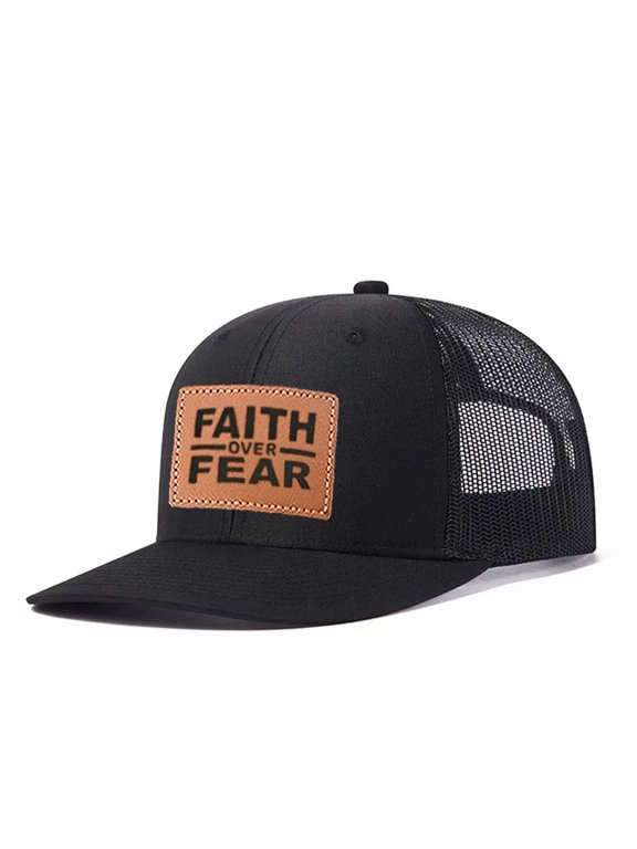 FAITH OVER FEAR Leather Patch Embroidered Color Block Trucker Hat Unisex Adjustable Cotton Breathable Fashion Cap for Travel Daily Wear