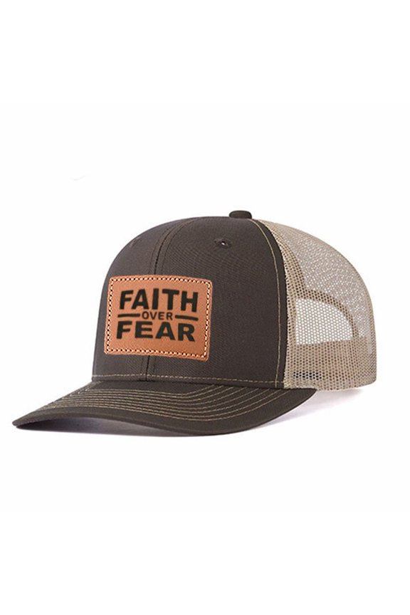 FAITH OVER FEAR Leather Patch Embroidered Color Block Trucker Hat Unisex Adjustable Cotton Breathable Fashion Cap for Travel Daily Wear