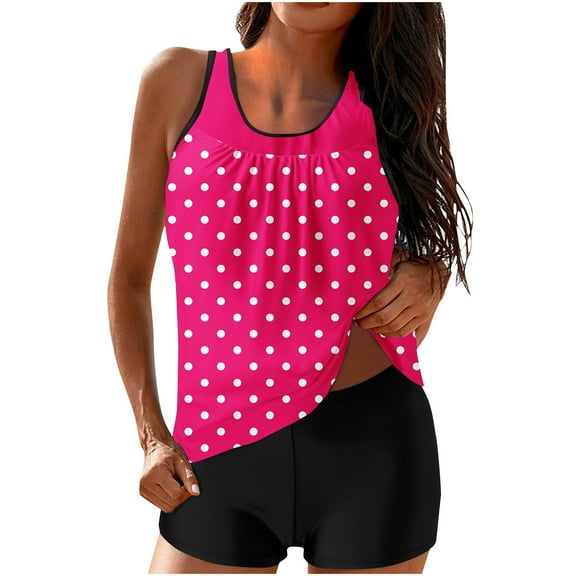 FAIWAD 2 Piece Bathing Suits for Women Sleeveless Polka Dots Print Tank Top with Boyshorts Athletic Swimming Beach Swimwear