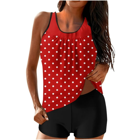 FAIWAD 2 Piece Bathing Suits for Women Sleeveless Polka Dots Print Tank Top with Boyshorts Athletic Swimming Beach Swimwear