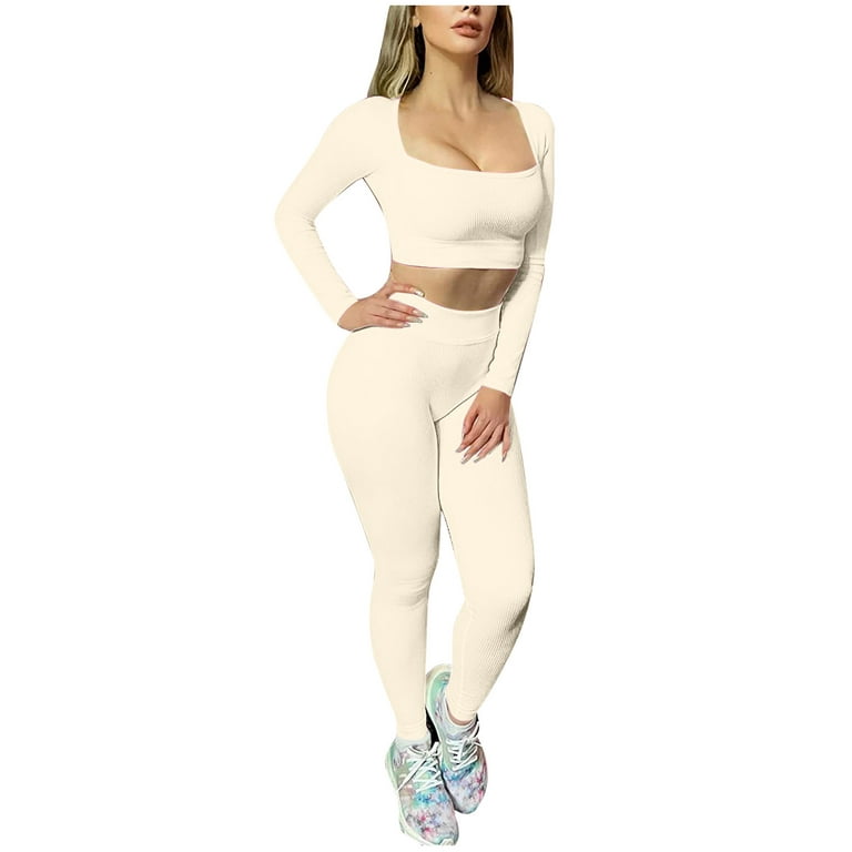 FAIWAD 2 Piece Outfits for Womens Long Sleeve Square Short Tops Stretch  Seamless Yoga Pants Workout Sets (X-Large, White)