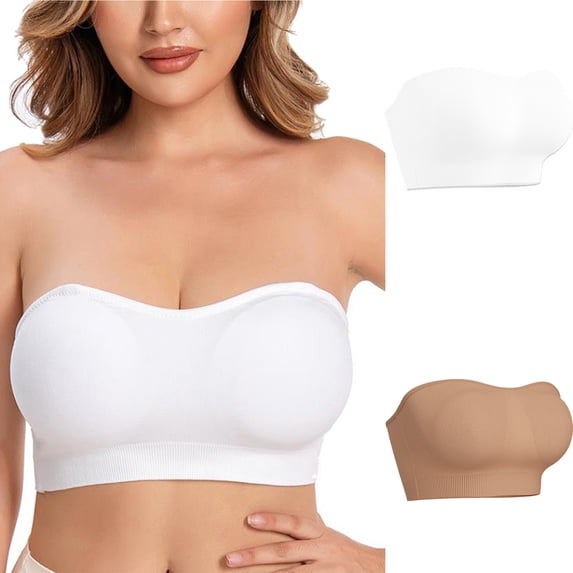 FAIWAD 2Pc Womens Strapless Bandeau Bra Seamless Tube Bra Plus Size Stretchy Bandeau Comfort Wirefree Bra with Removable Strap