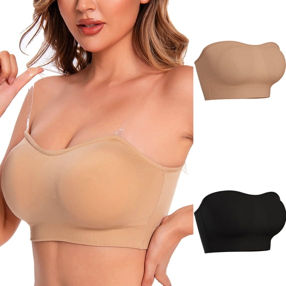 FAIWAD 2Pc Womens Strapless Bandeau Bra Seamless Tube Bra Plus Size Stretchy Bandeau Comfort Wirefree Bra with Removable Strap