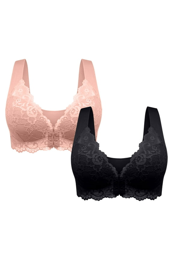 2pcs Womens Bras Plus Size Front Closure Lace Seamless Stretch Bralettes Comfy Full Coverage Breathable Daily Underwear
