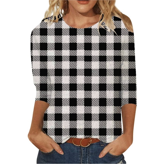 FAIWAD 3/4 Sleeve Tops for Women Color Block Plaid Print Round Neck Loose Comfy Pullover Shirt