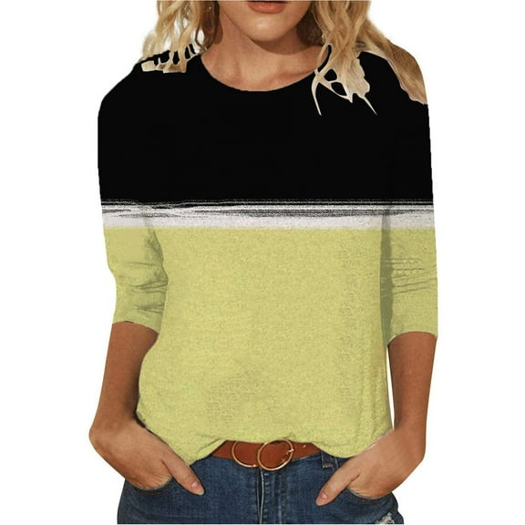 FAIWAD 3/4 Sleeve Tops for Women Color Block Print Round Neck Loose Comfy Pullover Shirt