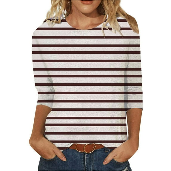 FAIWAD 3/4 Sleeve Tops for Women Color Block Striped Print Round Neck Loose Comfy Pullover Shirt