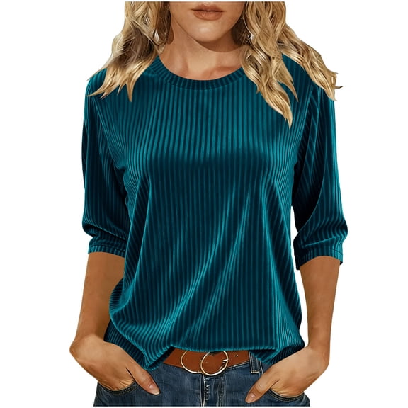 FAIWAD 3/4 Sleeve Tops for Women Crew Neck Velvet Ribbed Blouses Dressy Casual Velour Shirts