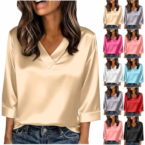 FAIWAD 3/4 Sleeve Tops for Women Satin Solid Color V Neck Shirts Casual Dressy Business Blouses