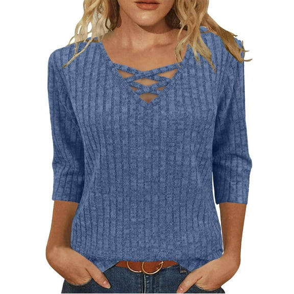 FAIWAD 3/4 Sleeve Tops for Women V Neck Criss-Cross Casual Shirts Loose Lightweight Knit Sweaters