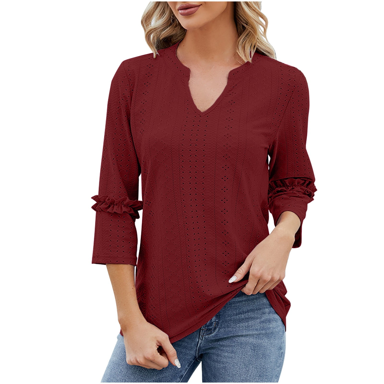 FAIWAD 3/4 Sleeve Tunic Tops for Womens V Neck Ruffle Trim Dressy ...