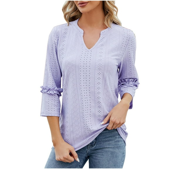 FAIWAD 3/4 Sleeve Tunic Tops for Womens V Neck Ruffle Trim Dressy Casual Summer Breathable Shirt
