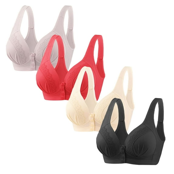 FAIWAD 4 Pcs Snap Front Bras for Women Solid Color Embroidered No Underwire Bar Plus Size Breathable Everyday Bralette