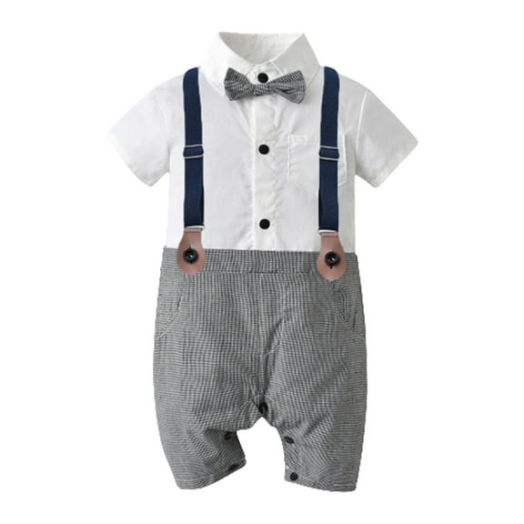 FAIWAD Baby Boy Dressy Clothes Short Sleeve Lapel Shirt Patchwork Suspender Long Button Pants with Bow