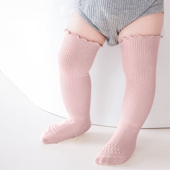 FAIWAD Baby Toddler Knee High Non-Slip Socks Girls Boys Unisex Ruffle Solid Color Stretchy Knitted Stockings