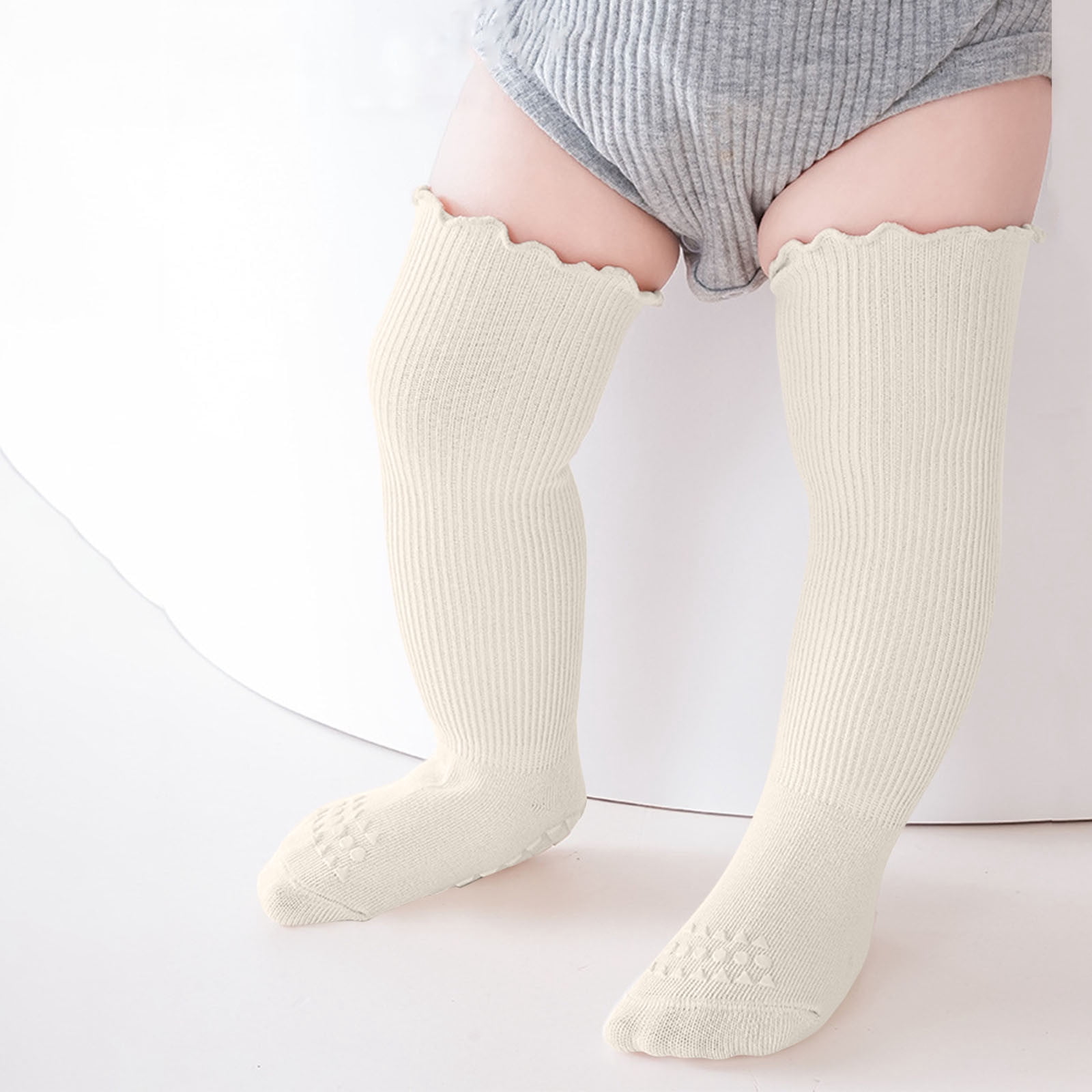 Baby Toddler Knee High Non-Slip Socks Girls Boys Unisex Ruffle Solid Color Stretchy Knitted Stockings