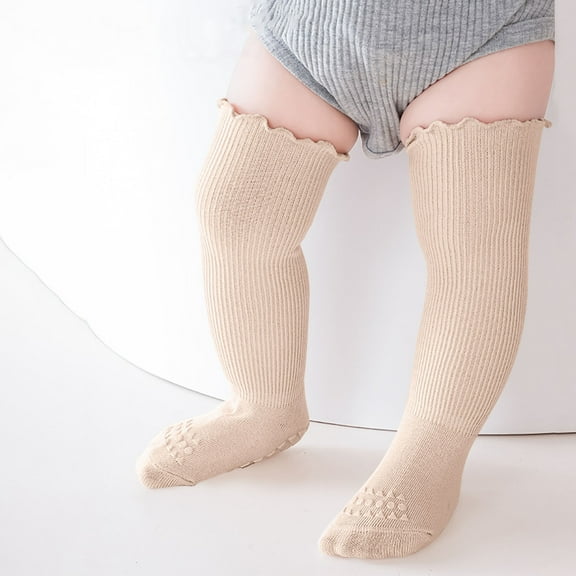 FAIWAD Baby Toddler Knee High Non-Slip Socks Girls Boys Unisex Ruffle Solid Color Stretchy Knitted Stockings