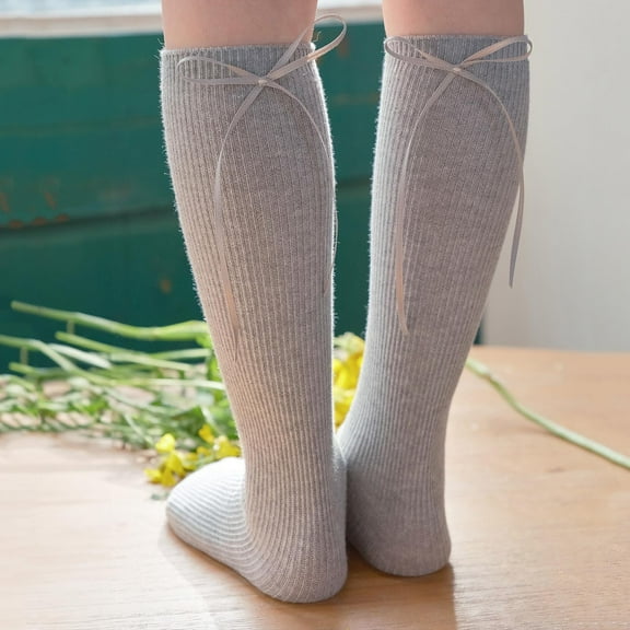 FAIWAD Toddler Girls High Socks Soft Stretchy Solid Color Knitted Knee Socks with Bow Cute Calf Socks