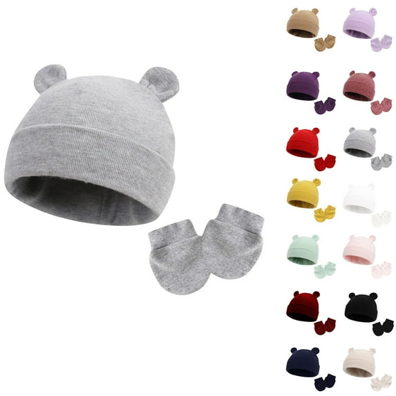 FAIWAD Baby Hats and Mittens Infant Cotton Beanie Gloves No Scratch Set Newborn Cute Hat 2pcs for Boys Girls
