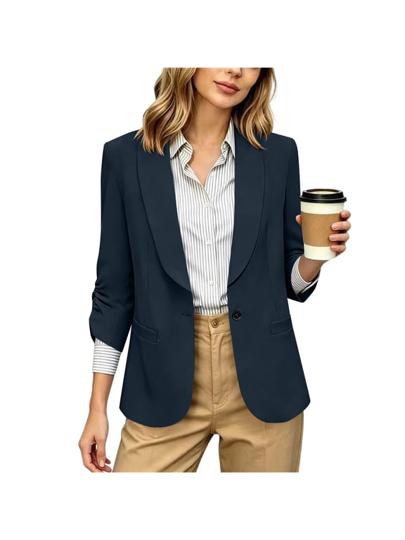 Blazers for Women Business Casual Open Front Ruched 3/4 Sleeve Suit Jackets Dressy Casual Office Work Blazer