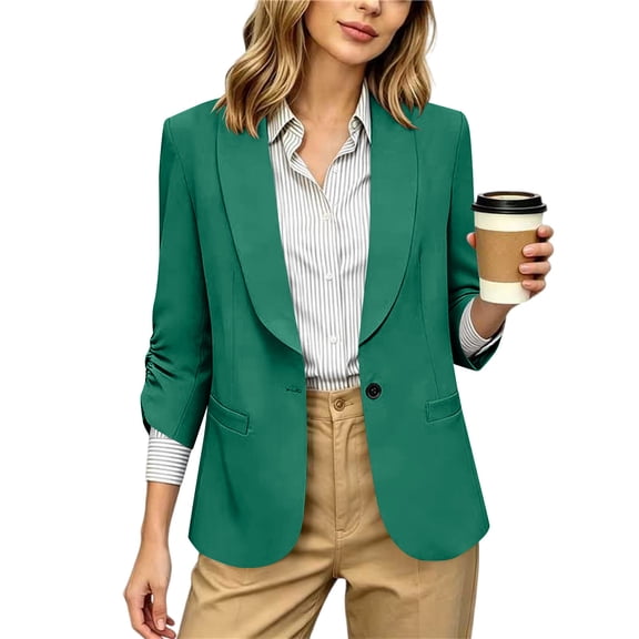FAIWAD Blazers for Women Business Casual Open Front Ruched 3/4 Sleeve Suit Jackets Dressy Casual Office Work Blazer