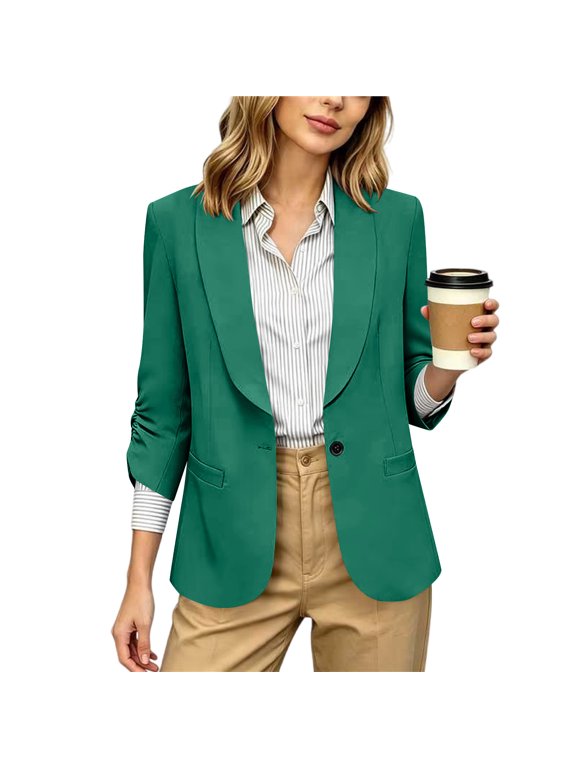 Blazers for Women Business Casual Open Front Ruched 3/4 Sleeve Suit Jackets Dressy Casual Office Work Blazer