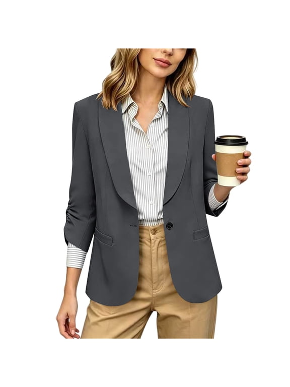 Blazers for Women Business Casual Open Front Ruched 3/4 Sleeve Suit Jackets Dressy Casual Office Work Blazer