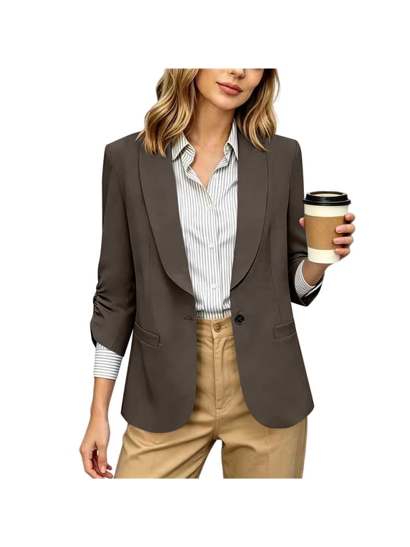 Blazers for Women Business Casual Open Front Ruched 3/4 Sleeve Suit Jackets Dressy Casual Office Work Blazer