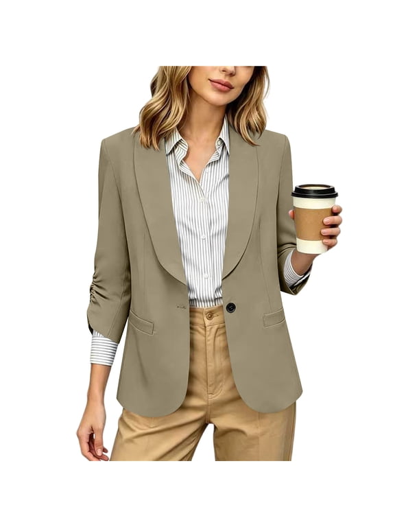 Blazers for Women Business Casual Open Front Ruched 3/4 Sleeve Suit Jackets Dressy Casual Office Work Blazer