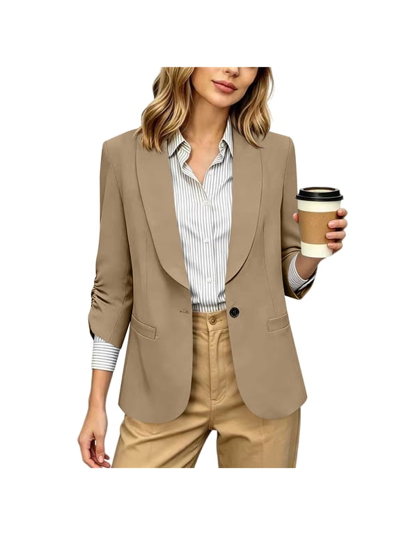 Blazers for Women Business Casual Open Front Ruched 3/4 Sleeve Suit Jackets Dressy Casual Office Work Blazer