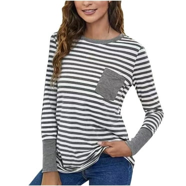 FAIWAD Blouses for Women Dressy Casual Long Sleeve Round Neck Striped Tops Stretchy Loose Color Block Shirts