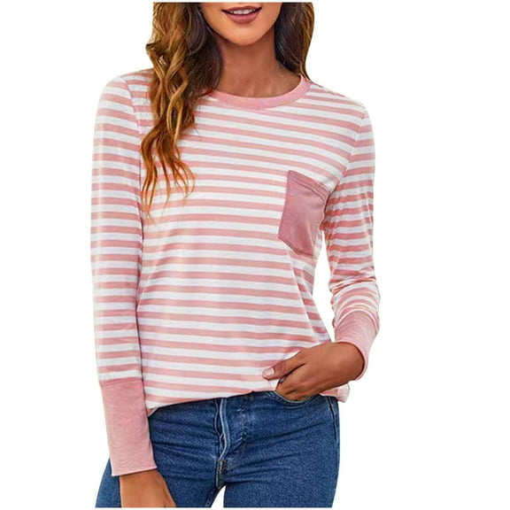 FAIWAD Blouses for Women Dressy Casual Long Sleeve Round Neck Striped Tops Stretchy Loose Color Block Shirts