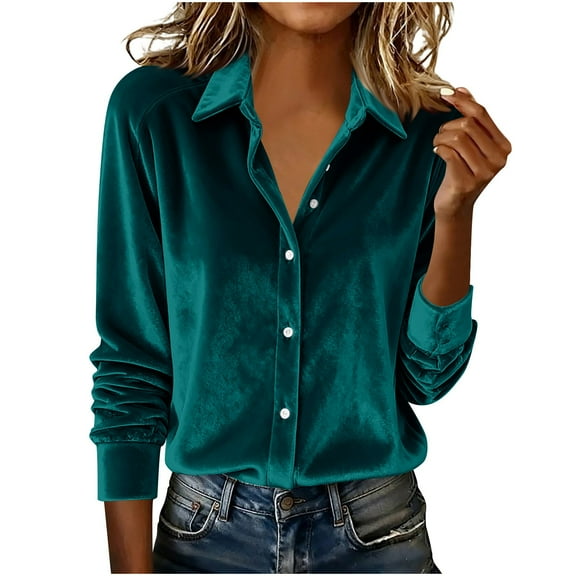 FAIWAD Blouses for Women Dressy Casual Velvet Vintage Button Down Blouse Casual Collared Velour Tops