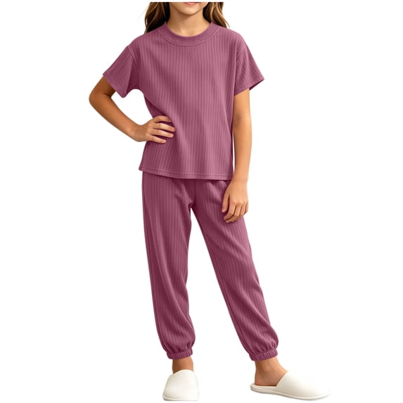FAIWAD Boys Girls 2 Piece Lounge Sets Ribbed Short Sleeve Shirts Matching Joggers Kids Pajama Outfits