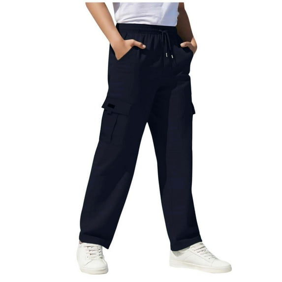 FAIWAD Boys Girls Cargo Pants Kids Drawstring Elastic Waist Casual Joggers Outdoor Hiking Straight Leg Trousers