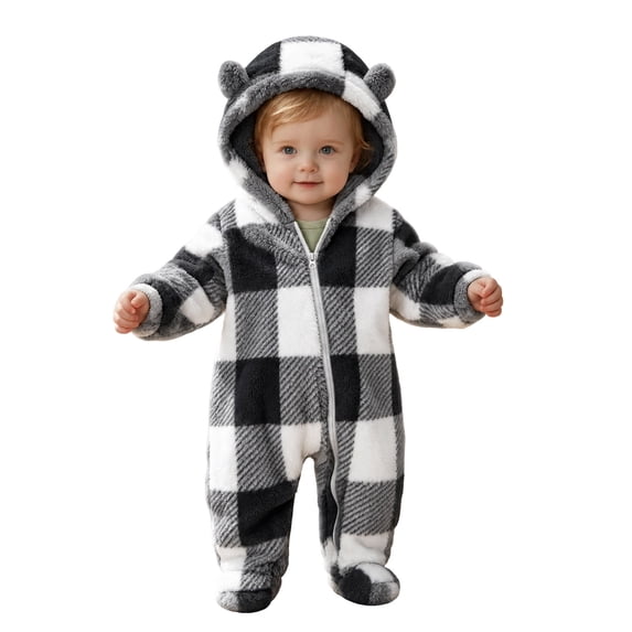 FAIWAD Boys Girls Plaid Fleece Jumpsuit Unisex Long Sleeve Hooded ZipperFuzzy Warm Romper Fall Winter Footed Clothes