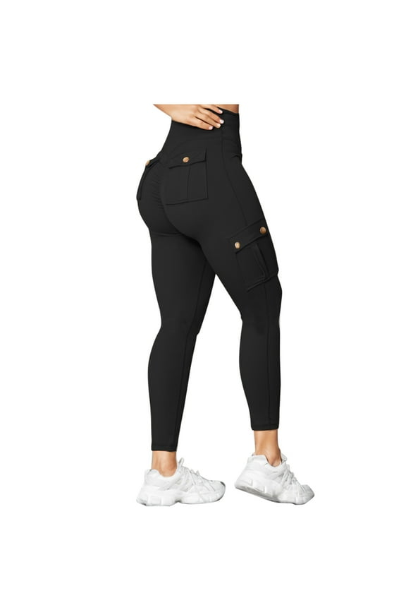 Butt Lift Leggings with Flap Pockets Straight Slim High Waist Yoga Pants Stretch Workout Trousers (X-Large, Black1)