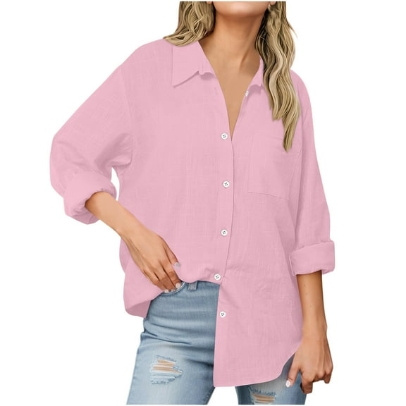FAIWAD Button Down Shirts for Women Cotton Linen Long Sleeve Casual Office Work Tops with Pocket Plus Size Daily Tops