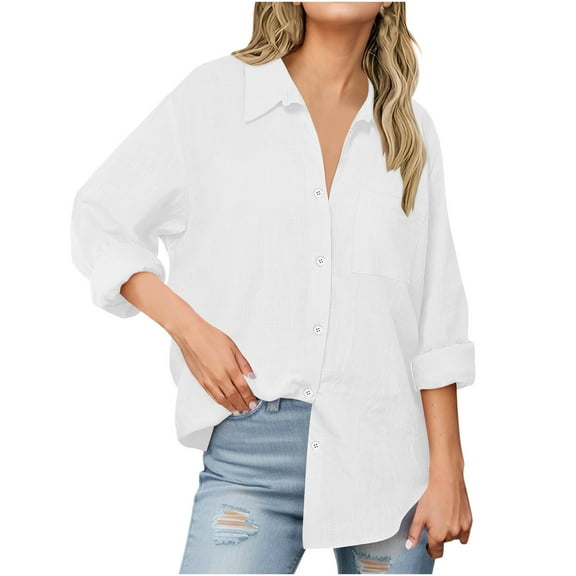 FAIWAD Button Down Shirts for Women Cotton Linen Long Sleeve Casual Office Work Tops with Pocket Plus Size Daily Tops