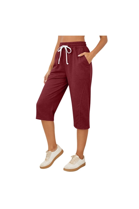 Capri Pants for Women Casual Summer Drawstring Pull On Pants with Pockets Loose Comfy Yoga Joggers Pants