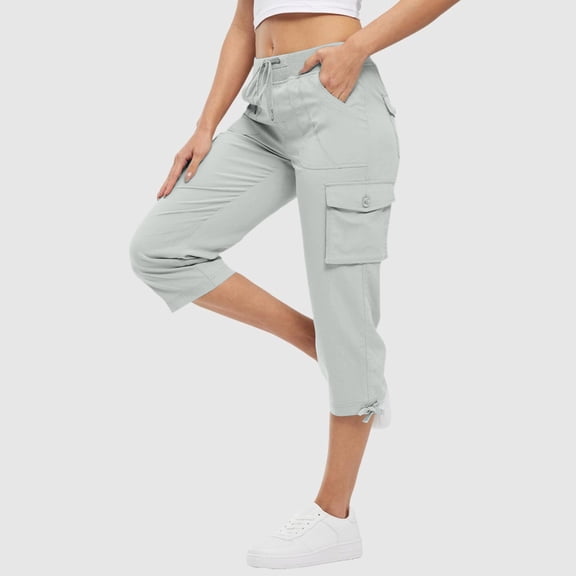 FAIWAD Cargo Capris for Women Elastic Waist Lightweight Quick Dry Pants with Pockets Casual Dressy Drawstring Trousers
