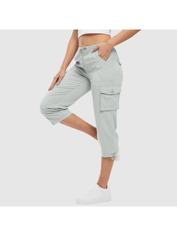 Cargo Capris for Women Elastic Waist Lightweight Quick Dry Pants with Pockets Casual Dressy Drawstring Trousers