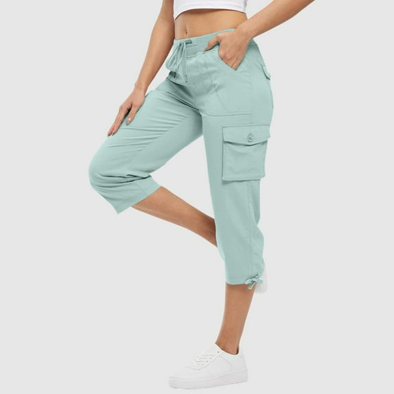FAIWAD Cargo Capris for Women Elastic Waist Lightweight Quick Dry Pants with Pockets Casual Dressy Drawstring Trousers