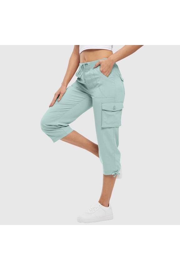 Cargo Capris for Women Elastic Waist Lightweight Quick Dry Pants with Pockets Casual Dressy Drawstring Trousers
