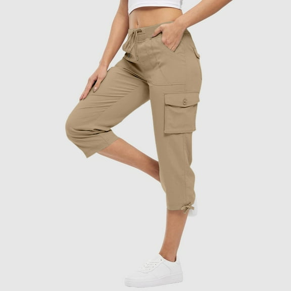FAIWAD Cargo Capris for Women Elastic Waist Lightweight Quick Dry Pants with Pockets Casual Dressy Drawstring Trousers
