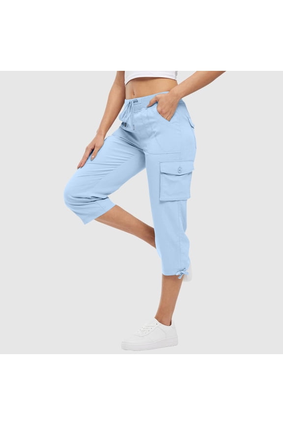 Cargo Capris for Women Elastic Waist Lightweight Quick Dry Pants with Pockets Casual Dressy Drawstring Trousers